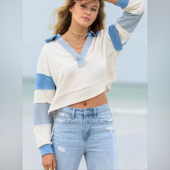 Altar'd State Tops - Altar'd State Blake Striped Polo Cropped Pullover Long Sleeve Size Large